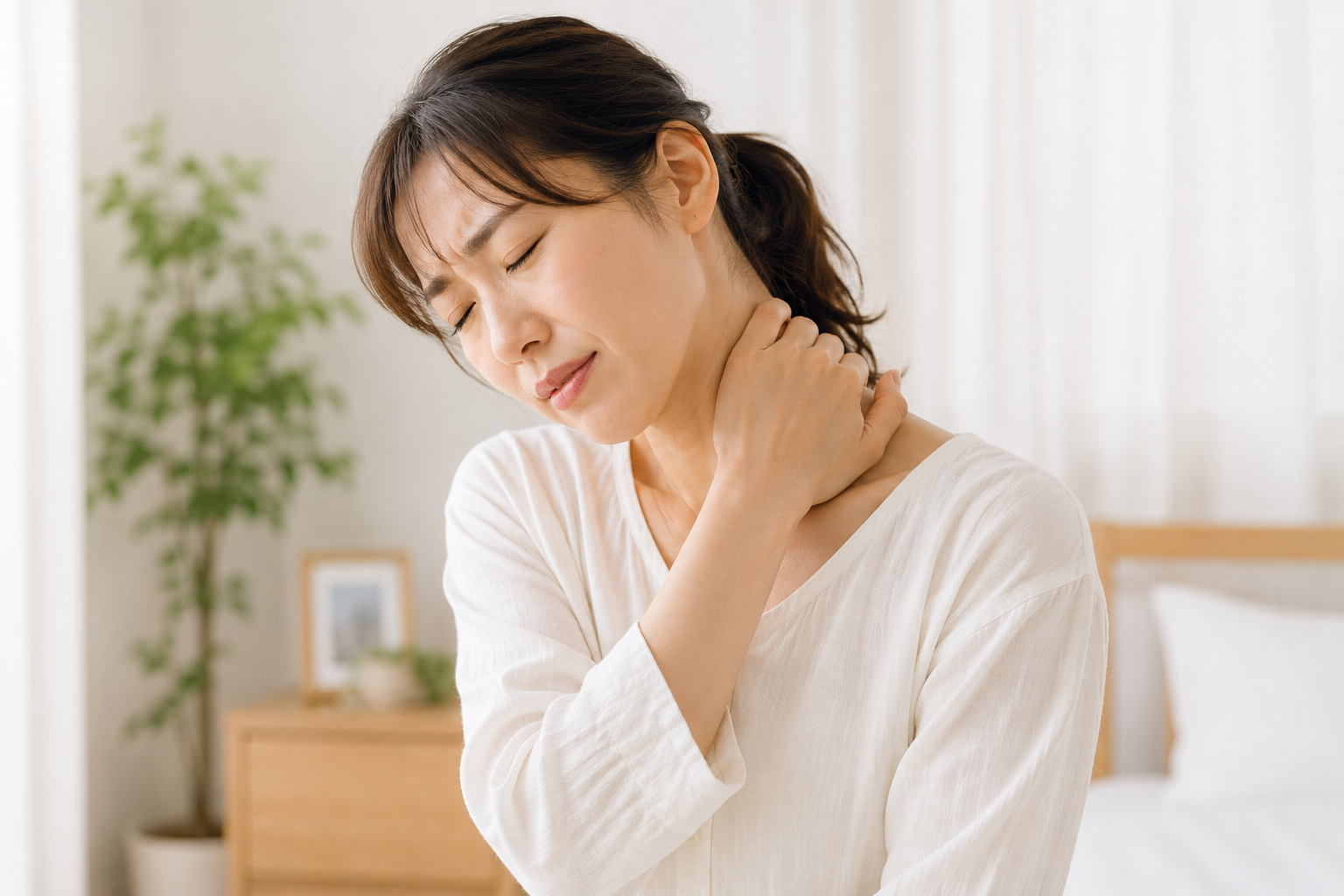 寝違い 首を押さえる女性